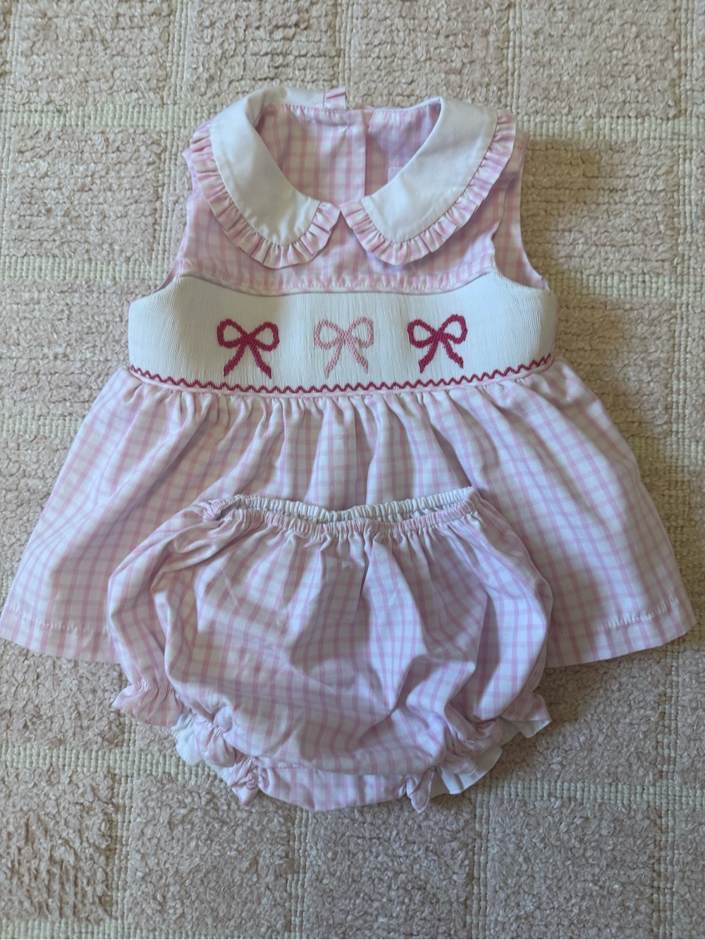 Stitchy Fish Pink Gingham Smocked Bow Baby Dress and Bloomers, only worn once